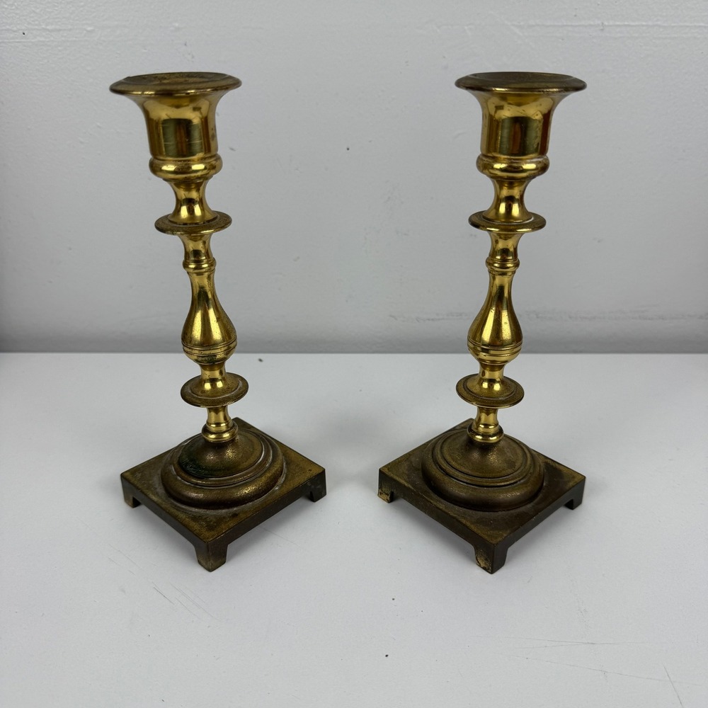 Vintage‎ Brass Candlestick Holders Pair Square Footed Base Baluster Taper Set